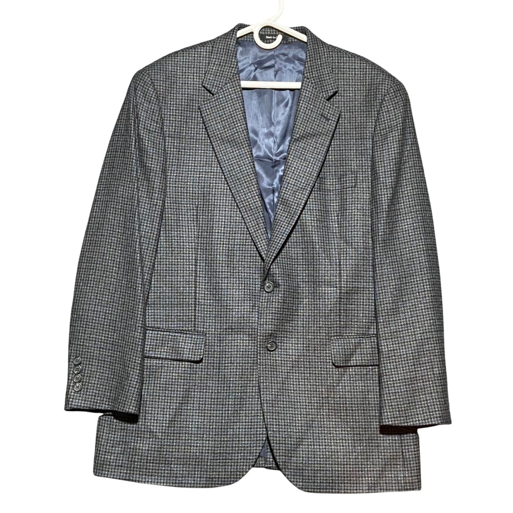 Chaps Mens 44R Houndstooth Lambswool‎ Sport Coat Blazer Jacket Gray Plaid